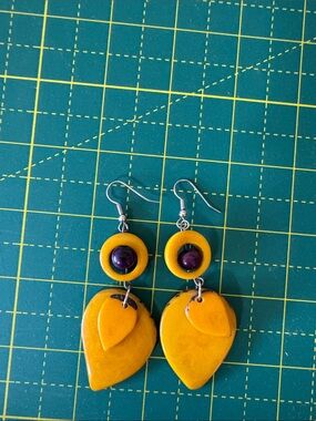 Handmade Yellow Drop Earrings with Purple Accent